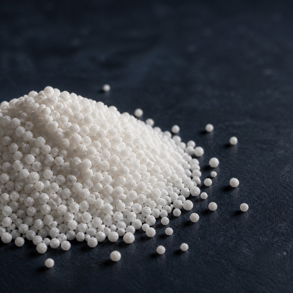 Representative close-up of white urea fertilizer granules